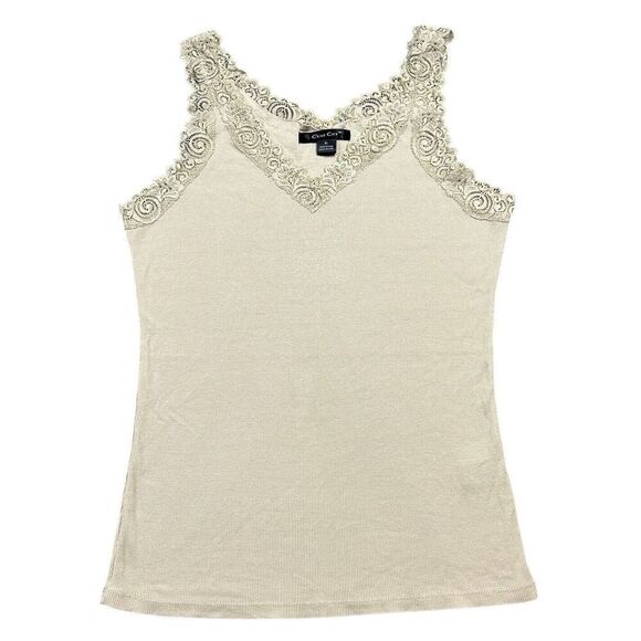 c’est city Tops - Vtg Y2K Lace Trimmed Tank Top Womens Sz XL Beige Fairycore Beaded Coquette Fairy